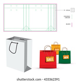 Shopping Paper Bag with Die Cut Layout template. Cut and fold lines. Double paper protected holes.