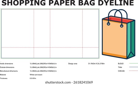 Shopping paper bag dyeline template for mockups and retail packaging design including bleed trim and crease measurements