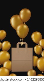 Shopping paper bag with empty space and golden air balloons on black background isolated banner layout