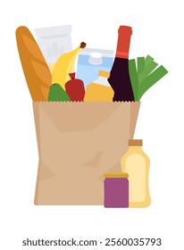 Shopping paper bag is filled groceries - bread, wine, cartons of milk, pasta, vegetables. Market groceries, buying food concept. Linear illustration editable strokes.