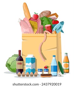 Einkaufspapiertasche mit frischen Produkten. Lebensmittelgeschäft, Supermarkt. Speisen und Getränke. Milch, Gemüse, Fleisch, Hühnerkäse, Würstchen, Salat, Brot, Frühstücksflocken und Steak-Ei. Vektor-Illustration flacher Stil