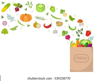 Shopping paper bag with fresh vegetables. Flat design. Set vegetables banner with space for text, isolated on white background. Healthy lifestyle, vegan, vegetarian diet, raw food. Vector illustration