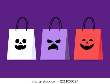 Juego de manecilla de la bolsa de papel para la compra. Calabaza triste cara de sonrisa en la bolsa de papel. Presente dentro. Oferta especial. Banner de la plantilla del símbolo de la firma Happy Halloween para la venta. Diseño plano.