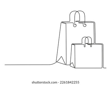 Shopping paper bag with handle, template copy space continuous line art drawing. Craft paper pack for gift, food, item. Packet, retail package. Take Away. Black linear sketch, single one line. Vector