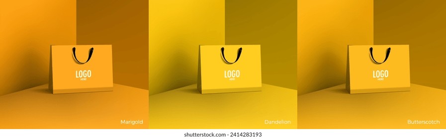 Shopping paper bag. Mockup set of realistic shopping bag for branding and corporate identity design. Paper packaging template. For promotion, discount, sale concept. 3D vector isolated illustration.