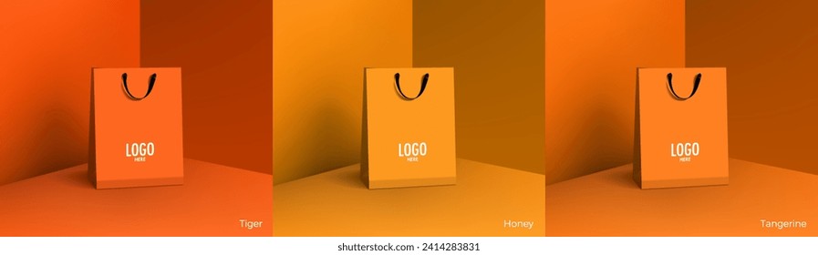 Shopping paper bag. Mockup set of realistic shopping bag for branding and corporate identity design. Paper packaging template. For promotion, discount, sale concept. 3D vector isolated illustration.