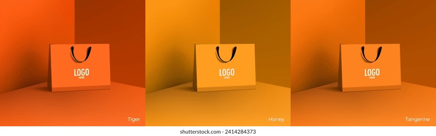 Shopping paper bag. Mockup set of realistic shopping bag for branding and corporate identity design. Paper packaging template. For promotion, discount, sale concept. 3D vector isolated illustration.