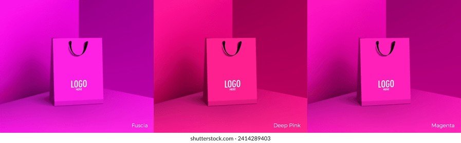 Shopping paper bag. Mockup set of realistic shopping bag for branding and corporate identity design. Paper packaging template. For promotion, discount, sale concept. 3D vector isolated illustration.