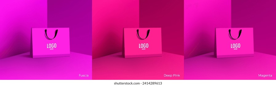 Shopping paper bag. Mockup set of realistic shopping bag for branding and corporate identity design. Paper packaging template. For promotion, discount, sale concept. 3D vector isolated illustration.