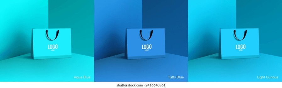 Bolsa de papel de compras. Montaje de bolsas de compras realistas para marca y diseño de identidad corporativa. Plantilla de empaquetado de papel. Para promoción, descuento, concepto de venta. Ilustración aislada vectorial 3D.