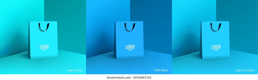 Einkaufspapierbeutel. Mock-up Set von realistischen Einkaufstaschen für Branding und Corporate Identity Design. Papierverpackungsvorlage. Für Promotion, Rabatt, Verkauf Konzept. 3D-Vektorgrafik einzeln.