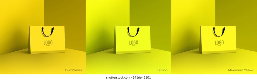 Shopping paper bag. Mockup set of realistic shopping bag for branding and corporate identity design. Paper packaging template. For promotion, discount, sale concept. 3D vector isolated illustration.