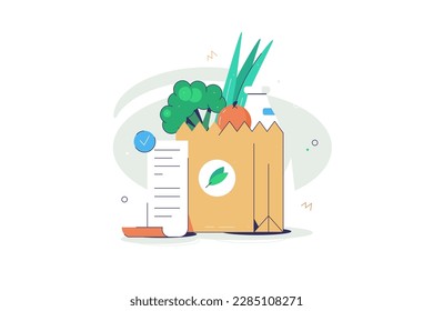 Shopping paper bag with organic vegetables isolated vector illustration. Healthy vegan foods in baggy. Grocery store. Plant grocery food items with bill. Healthy eating and budget.