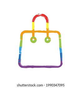 Shopping paper bag, simple business icon. Drawing sign with LGBT style, seven colors of rainbow (red, orange, yellow, green, blue, indigo, violet