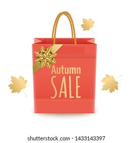 Shopping paper bag with text and fallen leaves behind isolated on white background, Realistic vector illustration For seasonal sales and discount promotions
