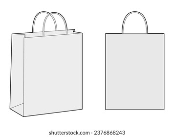 Shopping Paper Bag tote silhouette. Fashion accessory technical illustration. Vector satchel front 3-4 view for Men, women, unisex style, flat handbag CAD mockup sketch outline isolated