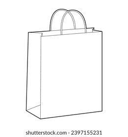 Shopping paper Bag tote silhouette. Fashion accessory technical illustration. Vector satchel front 3-4 view for Men, women, unisex style, flat handbag CAD mockup sketch outline isolated