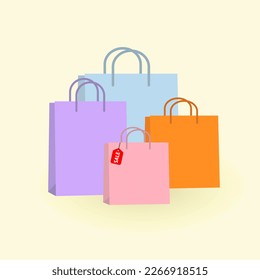 Shopping paper bag vector illustration, package for purchases for an online store on a yellow background
