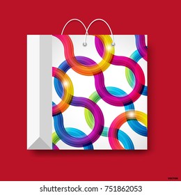 Bolsa de papel de compras, símbolo vectorial de compra aislado en un fondo rojo.