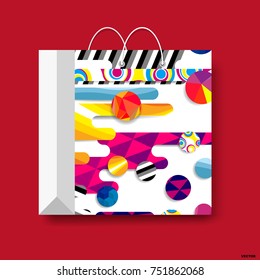 Shopping paper bag, vector shopping symbol isolated on a red background.