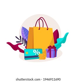 Shopping paper bag yellow empty, vector illustration