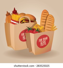 Shopping paper bags with food. Vector illustration
