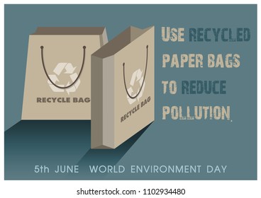 Shopping paper bags made from the recycled brown paper and slogan with the day and name of "World Environment Day" isolate on navy blue background. All in vector design.