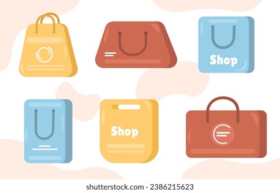 Shopping paper bags set. Goods and products in packages. Discounts and promotions, special offers. Store or market. Cartoon flat vector collection isolated on white background