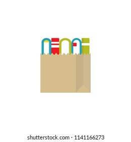 Shopping paper craft bag with stack of books. knowledge purchase. simple icon isolated on white background. paper package. Flat vector Illustration. Good for web and mobile design.