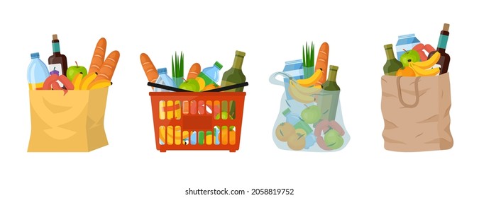 Shopping paper or plastic bags and basket with products such as milk, bread, breakfast food. Cartoon vector illustration set. Can be used as logo of food delivery, grocery store, supermarket, charity