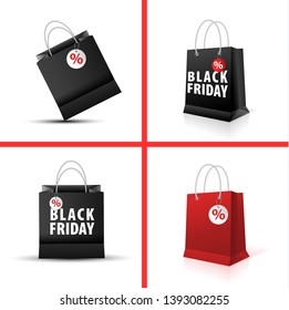 Shopping paper red and black bag set empty, vector illustration