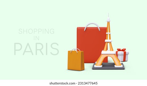 Shopping in Paris. Branded items with discounts. Poster on colored background. Shopping, gifts, fashion shows. Unique things and clothes, delicacies. Vector concept in cartoon style