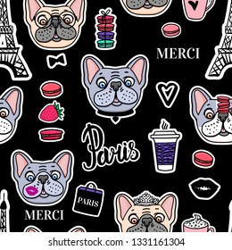 Shopping in paris dark seamless pattern. A dogs is holding a shopping bag. Hand drawn on black background. Sticker on black
