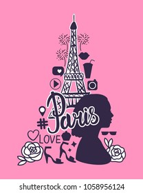 Shopping in Paris. Eiffel Tower hand drawing. Vector Illustration of shopping icons illustration isolated on pink background.