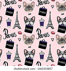 Shopping in paris pink seamless pattern. French Bulldog is holding a shopping bag. Vector Hand drawn illustration. Surface design background