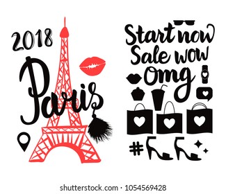 Shopping in Paris. Red Eiffel Tower hand drawing. Vector black Illustration of shopping icons illustration isolated on white background.