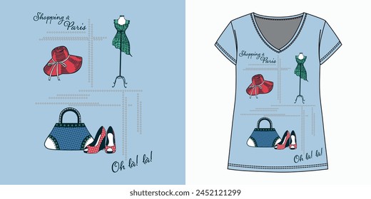 Shopping In Paris T shirt Design, Paris france fashion summer setwomangirl vector, Ladies fashion kits t shirt design, Beauty fashion kits t shirt, Women Beauty kit design, Women fashion accessories.