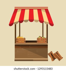 Shopping pavilion, counter, shop with a striped multi-colored canopy and boxes of fruit. Vector illustration