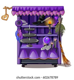 Shopping pavilion with magical paraphernalia. Dream catcher, candle, a witch's broom and magic ball isolated on white background. Attributes of holiday Halloween. Vector cartoon close-up illustration.