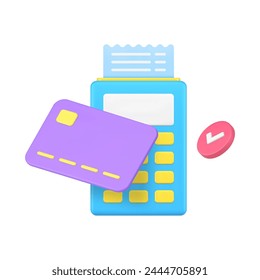 Shopping payment approved credit debit card and checkout machine with receipt 3d icon realistic vector illustration. Cashless e money digital paying success financial transaction with POS terminal