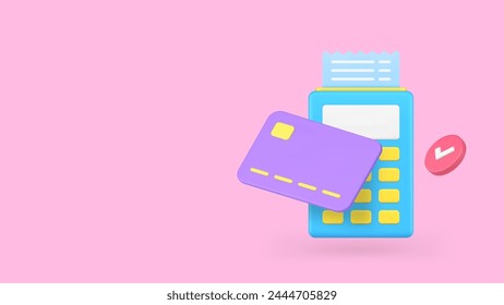 Shopping payment credit debit card and POS terminal banner copy space 3d icon realistic vector illustration. Banking e money approved transaction financial cashless transfer with receipt invoice