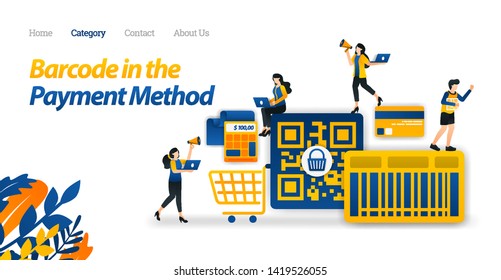 Shopping Payment Design With a Barcode or QR Code Method to Make it Easier for Shopping. Vector Illustration Flat Icon Style Suitable for Web Landing Page, Banner, Flyer, Sticker, Wallpaper Background