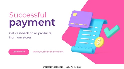 Shopping payment goods success purchase buying banking finance service 3d landing page realistic vector illustration. Commercial purchasing financial retail money paying management receipt and card