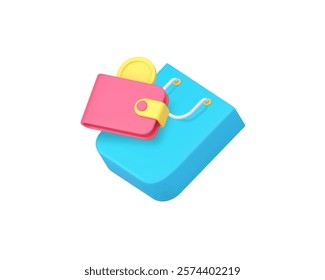 Shopping payment purchase buying goods cash paying 3d icon realistic vector illustration. Shop store supermarket pay financial commercial retail mall market consumerism wallet and bag