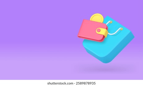 Shopping payment purchase buying goods cash paying banner copy space vector illustration. Shop store supermarket pay financial commercial retail mall market consumerism wallet and bag