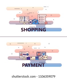 Shopping and payment template set. Vector thin line art flat style design elements with online shopping and payment icons for website banners and printed materials.