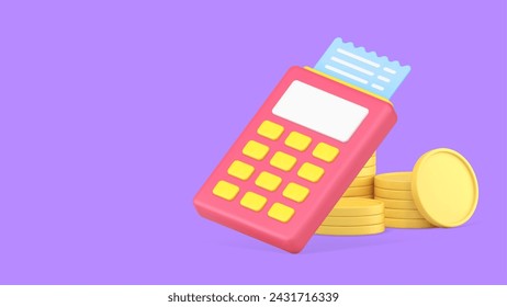 Shopping payment terminal checkout with receipt invoice banner copy space 3d icon realistic vector illustration. Goods buying purchase paying approved transaction technology service cash coin money