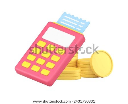 Shopping payment terminal checkout receipt invoice and coin cash money 3d icon realistic vector illustration. Financial bank transaction success paying buying goods purchase electronic technology
