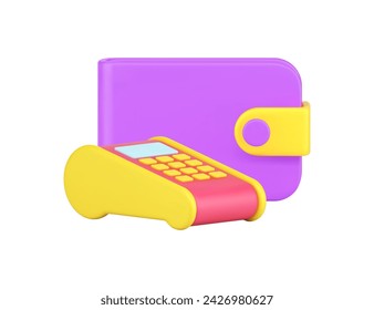 Shopping payment wallet and POS terminal digital e money online transaction 3d icon realistic vector illustration. Internet banking wireless currency transfer buy purchase commercial retail service