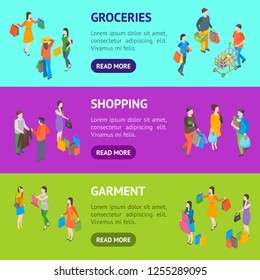 Shopping People 3d Banner Horizontal Set Isometric View Include of Bag, Cart, Clothes, Couple, Gift and Trolley. Vector illustration